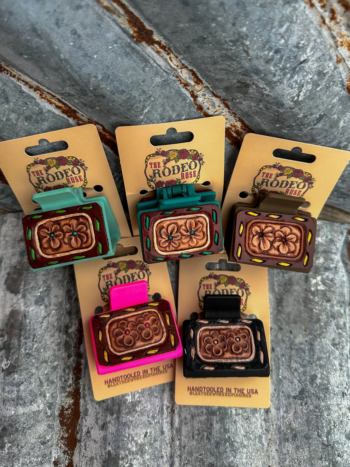 Hand-Tooled Buck Stitch Floral Leather Hair Clip
