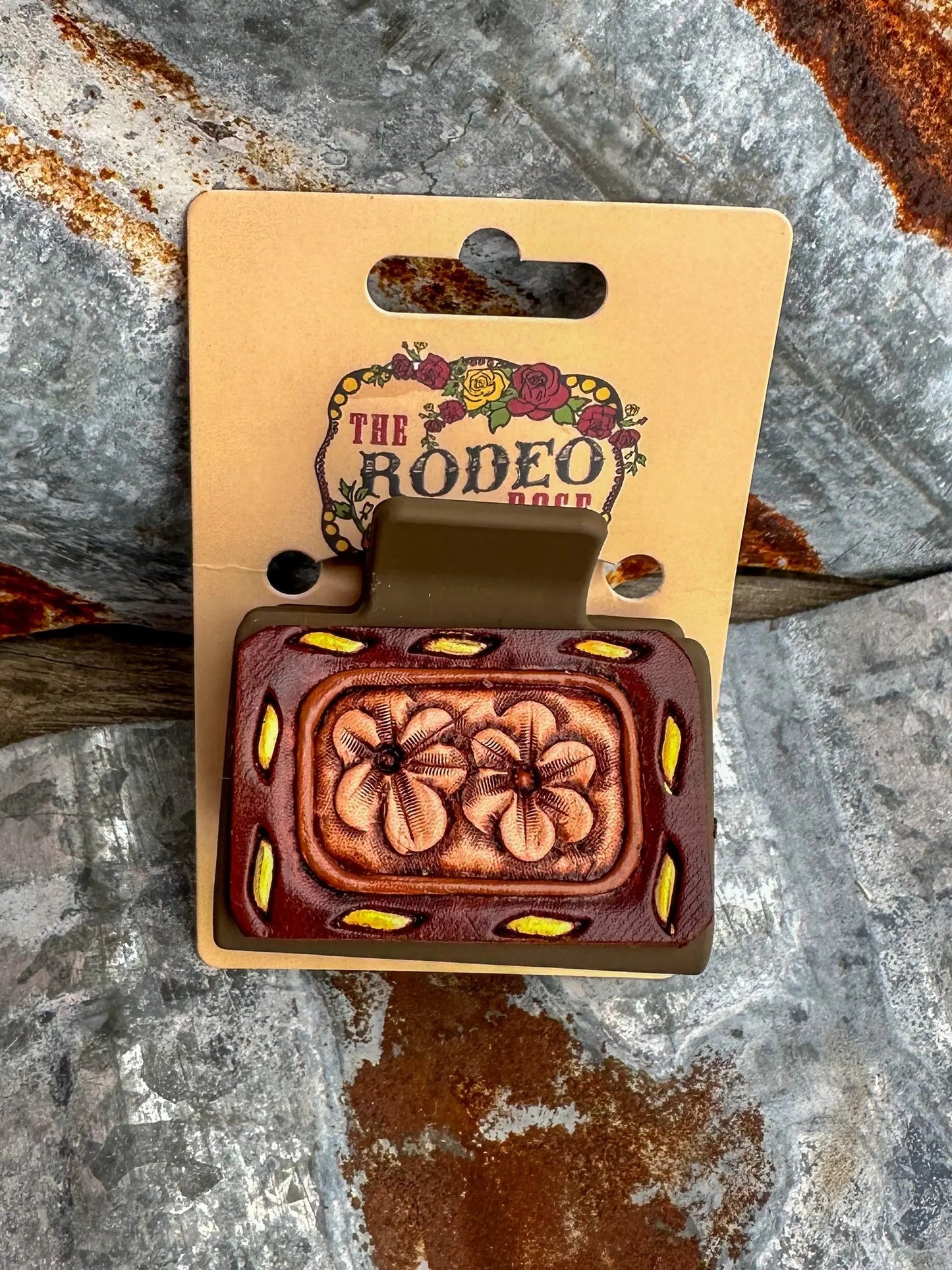 Hand-Tooled Buck Stitch Floral Leather Hair Clip