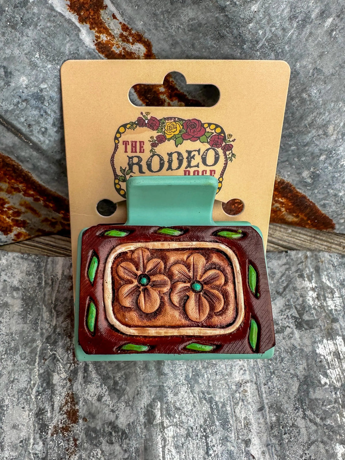 Hand-Tooled Buck Stitch Floral Leather Hair Clip