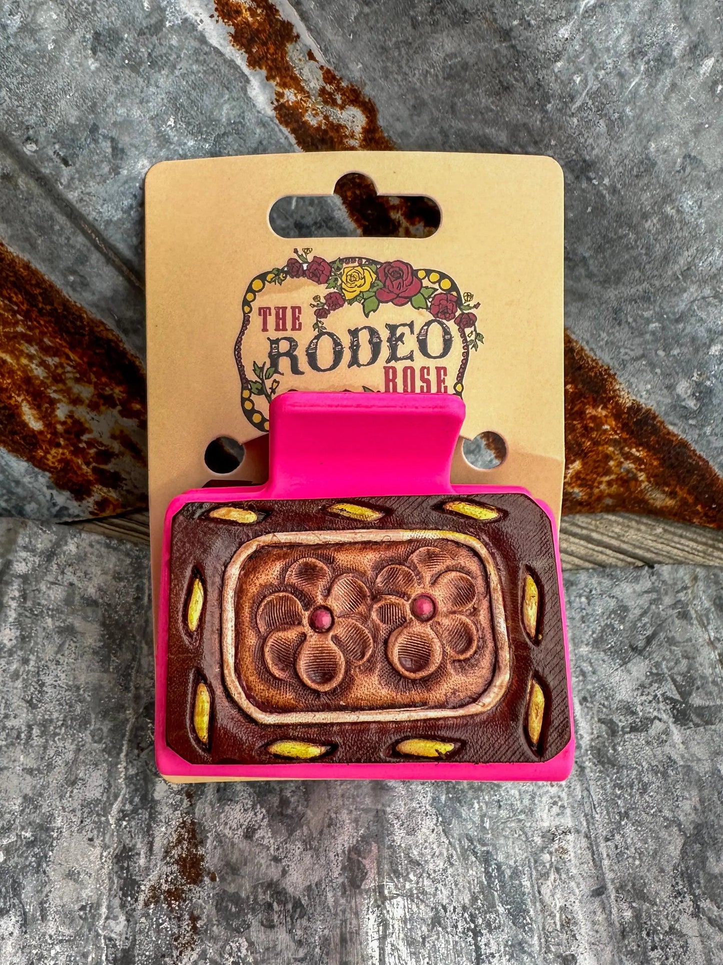 Hand-Tooled Buck Stitch Floral Leather Hair Clip