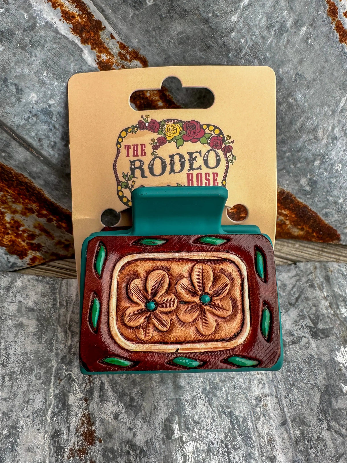Hand-Tooled Buck Stitch Floral Leather Hair Clip