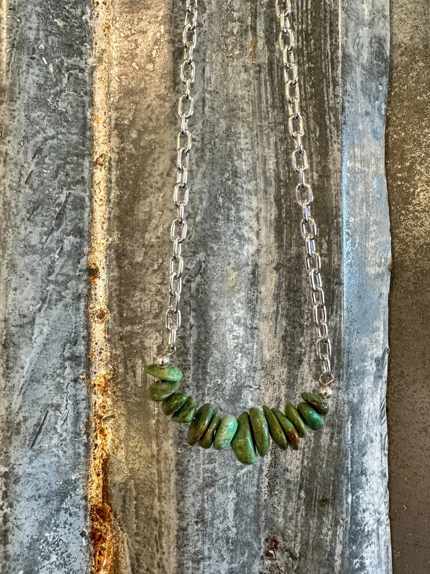 The Annie Bar Necklace — Green Turquoise & Paperclip Chain