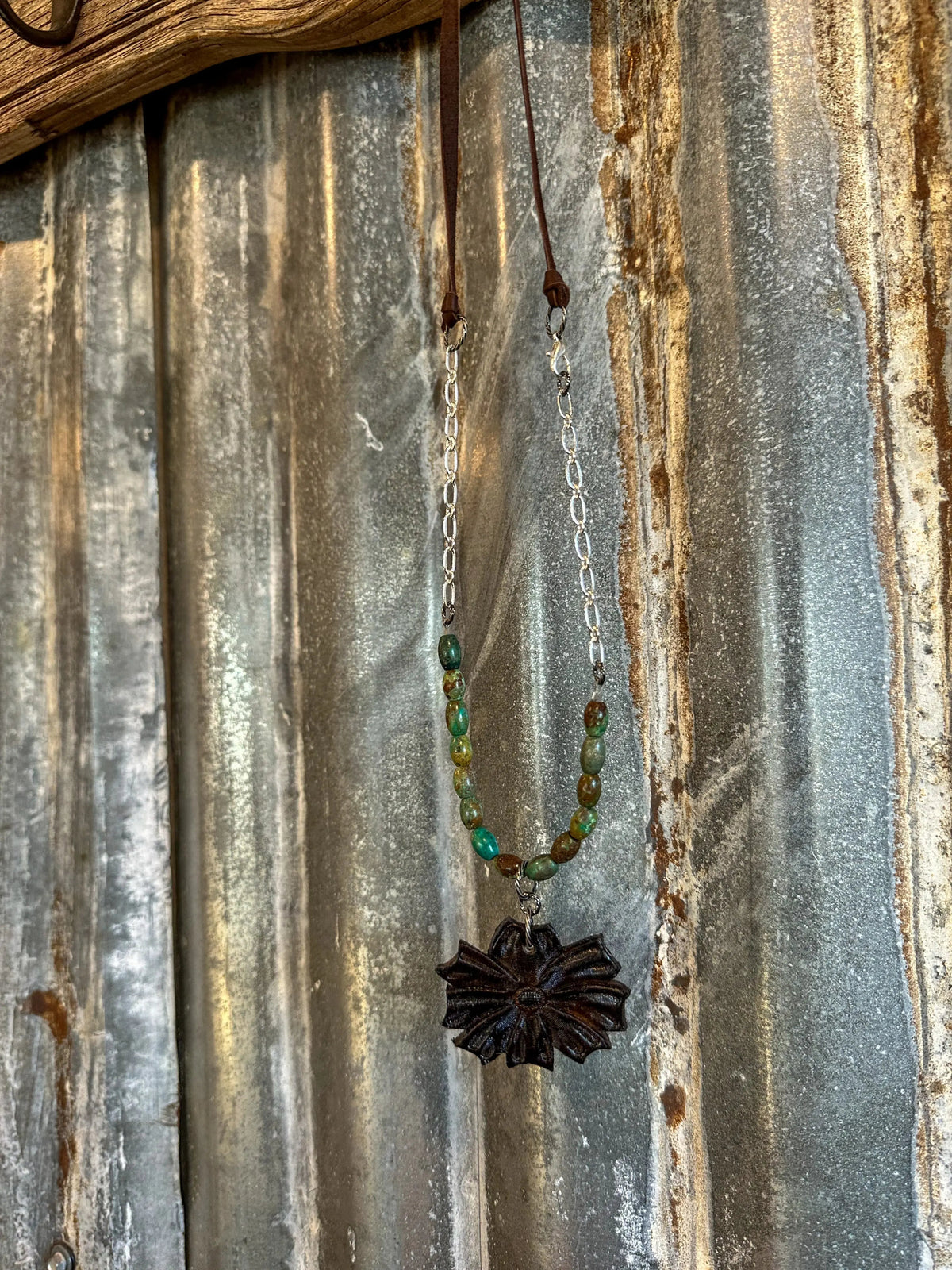The Mabel Necklace — Green Turquoise & Hand-Tooled Daisy Pendant