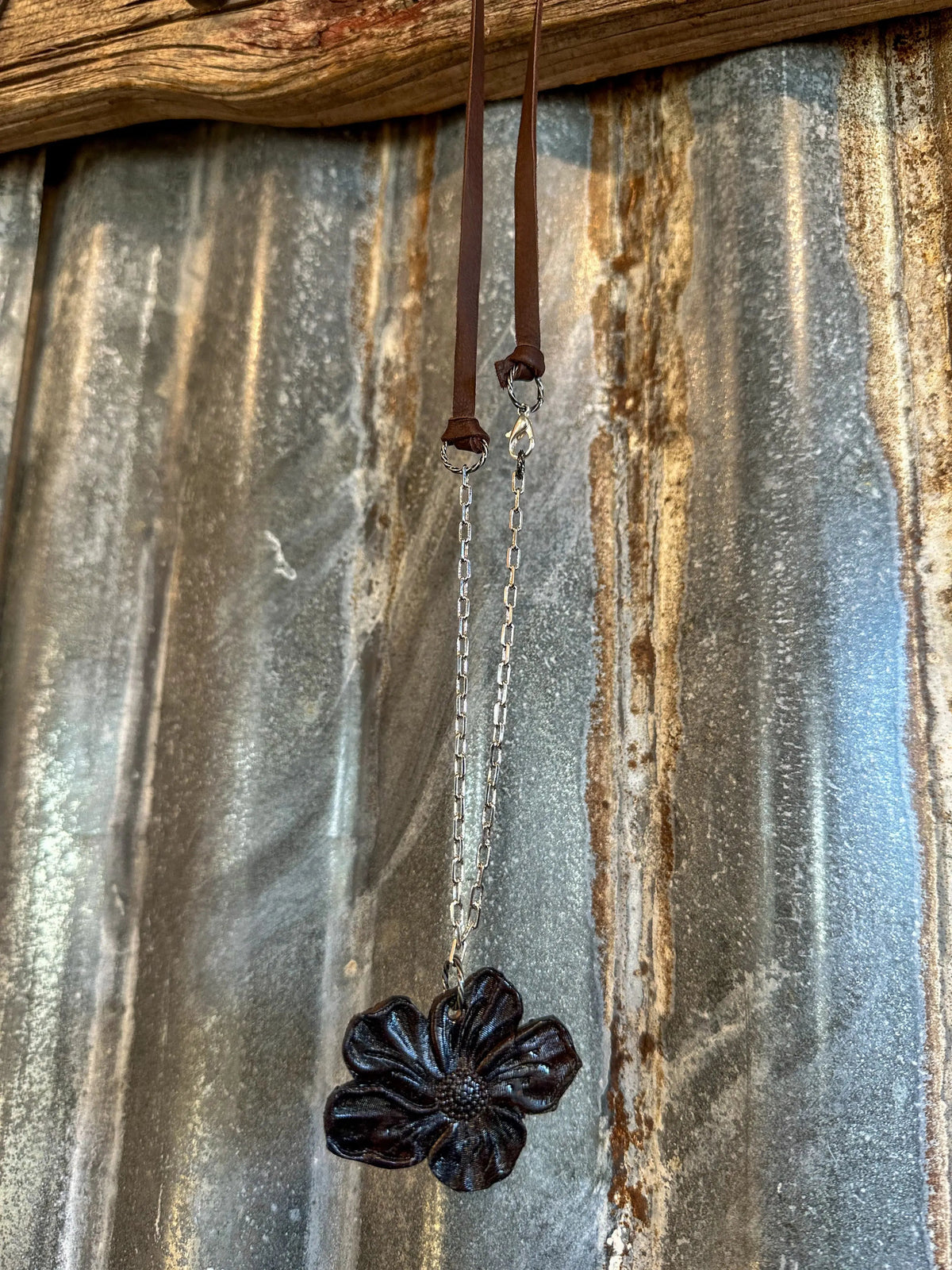 The Mabel Necklace — Hand-Tooled Leather Poppy Pendant & Paperclip Chain