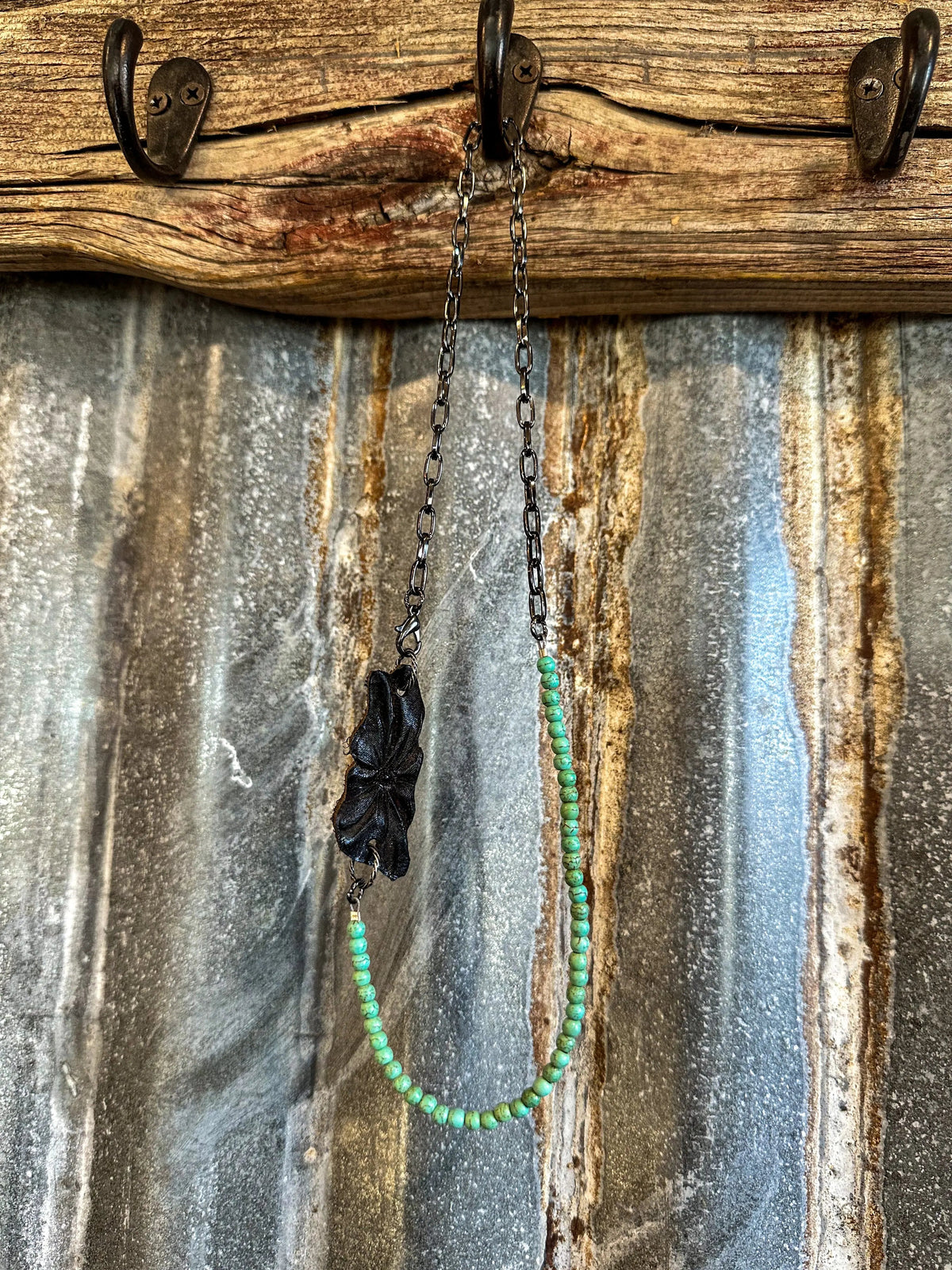 The Patsy Necklace — Petite Green Turquoise & Hand-Tooled Sheridan Pendant