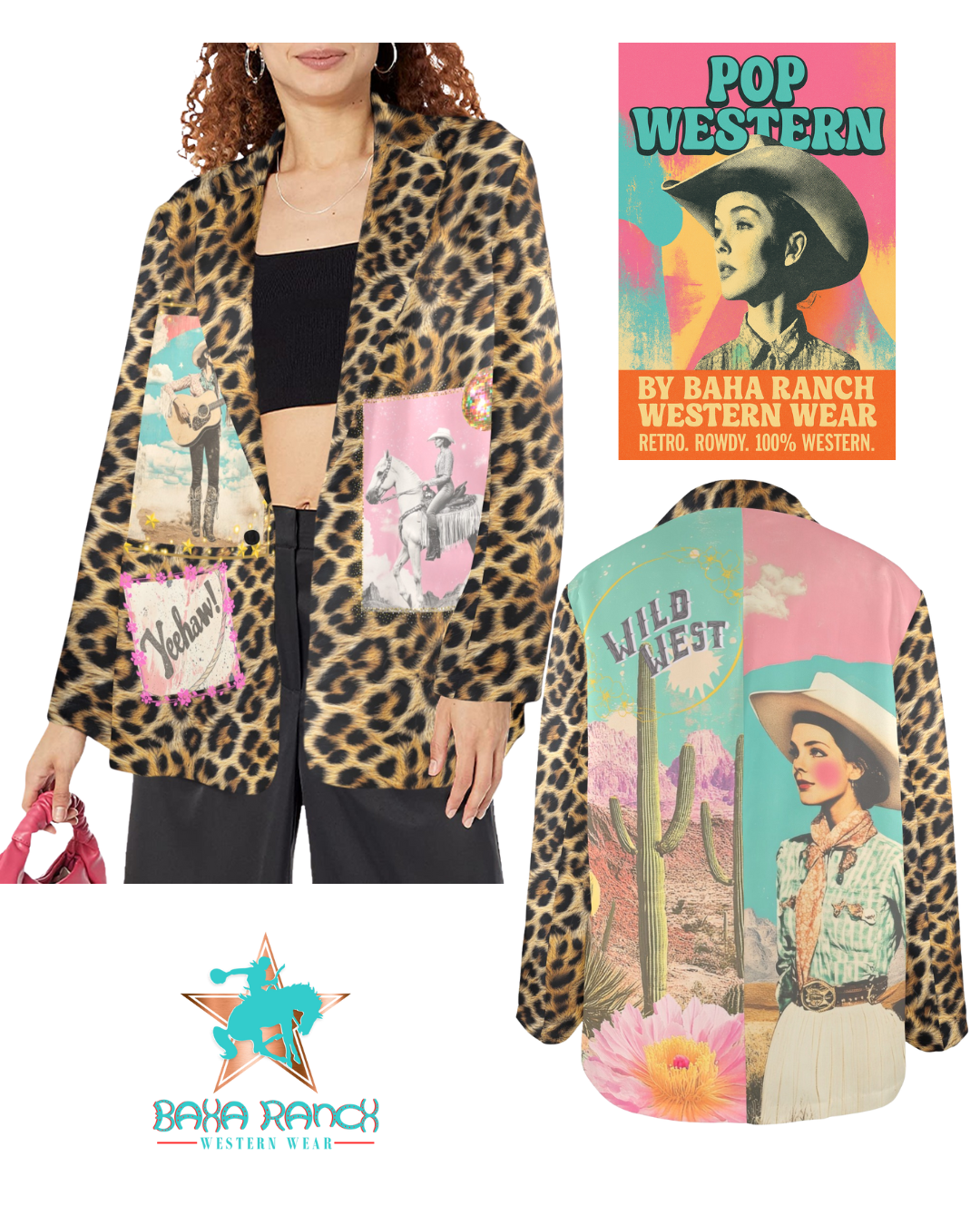 The Baha Ranch Retro Pop Western Collage Blazer | Includes Plus Sizes