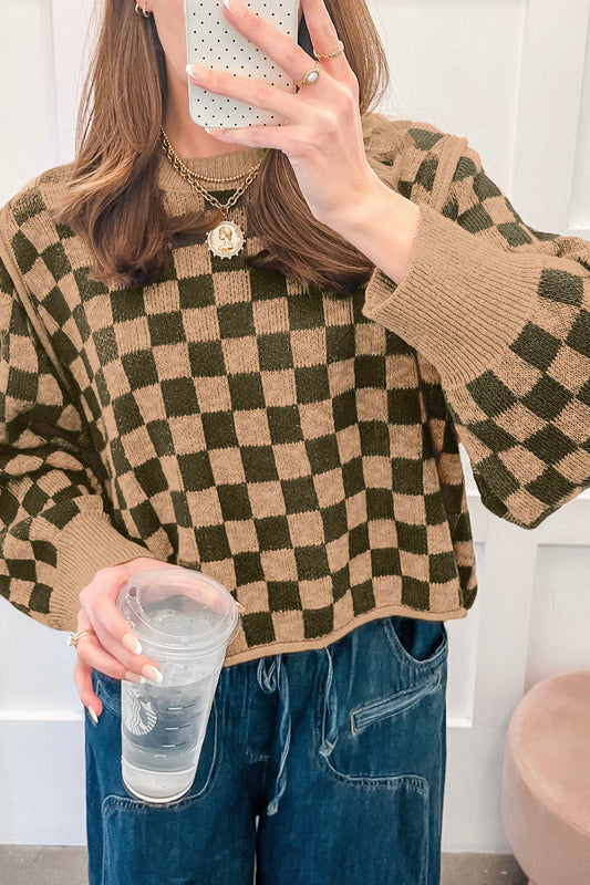 Brown Two Tone Drop-Shoulder Checkered Knit Sweater