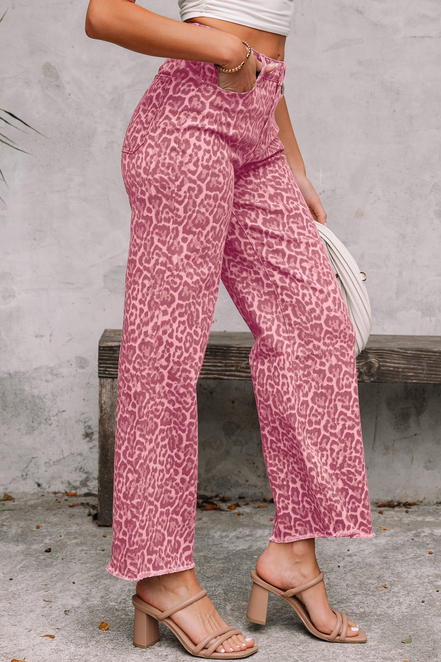 Leopard Frayed Wide Leg Jeans Multiple Colors