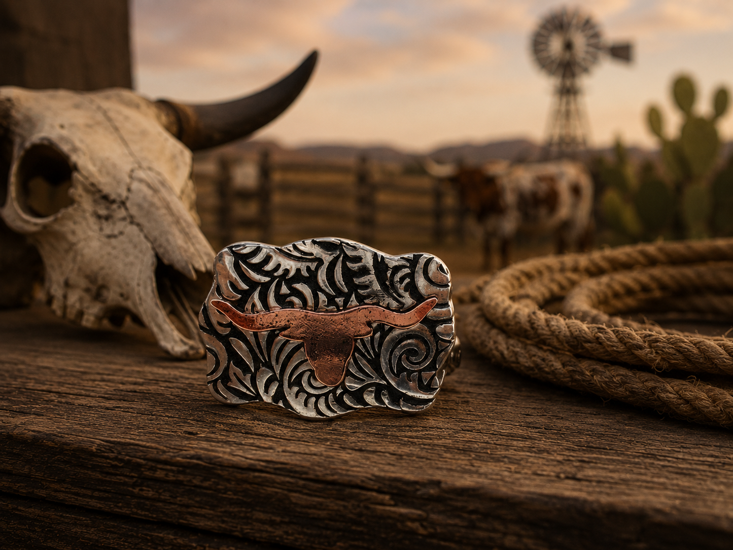 Western Two Tone Etched Steerhead Cuff Ring
