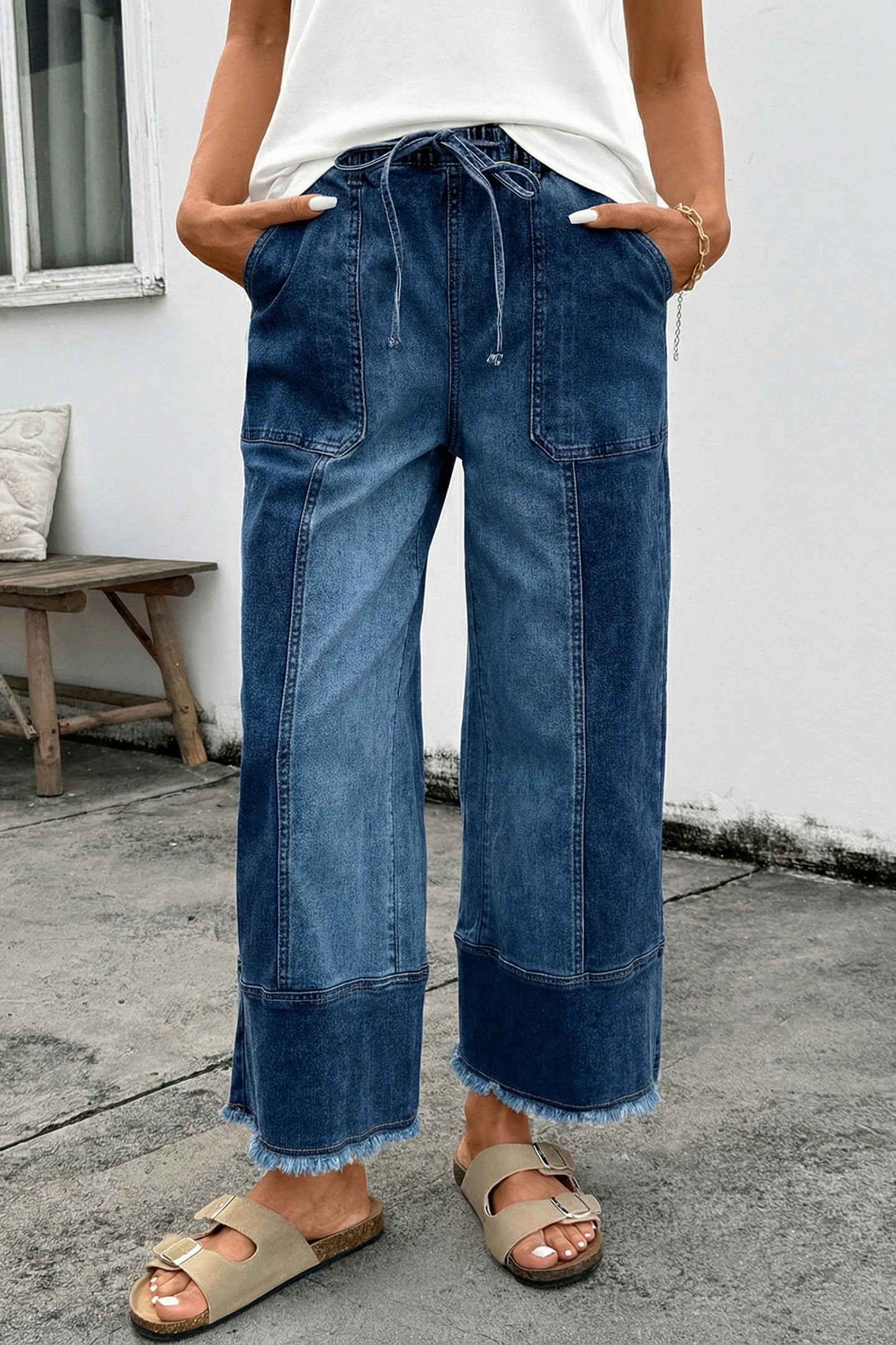 Drawstring Wide Leg Denim Pants in Blue and Gray