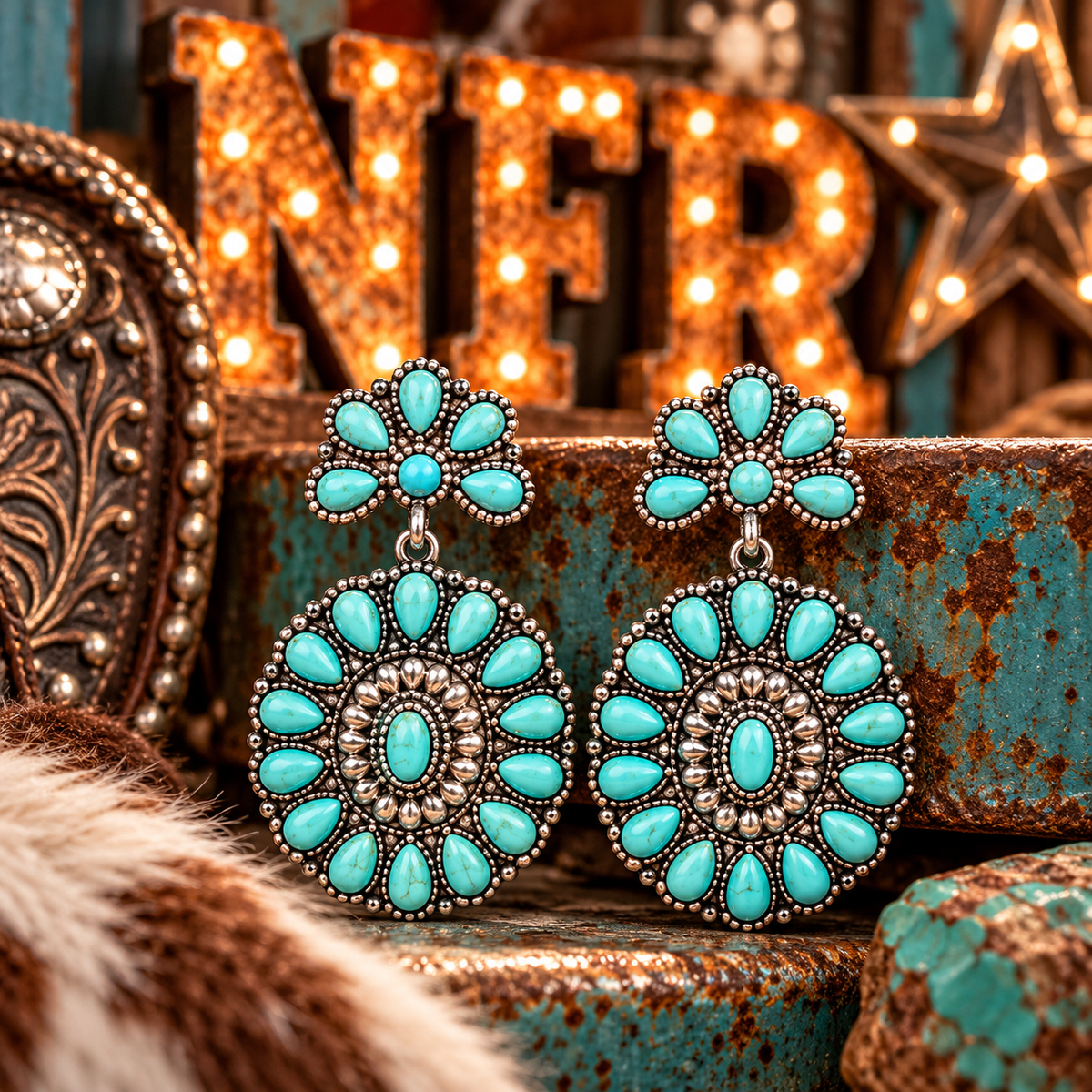 Western Turquoise Concho Dangle Earrings