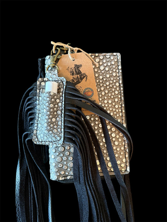 Zigrino Silver Clutch Wallet Set – Double-Zip Wallet with Fringe Lip Balm Holder & Turquoise Wrist Strap