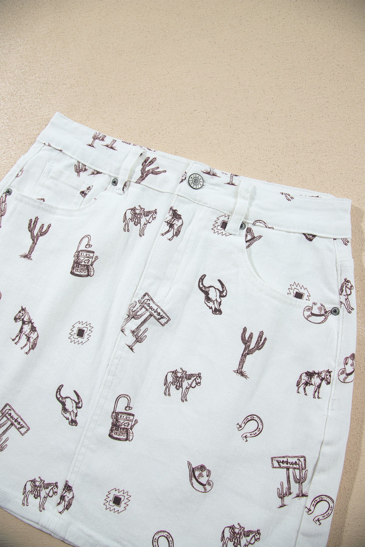 White Western Cactus, Horse & Bull Denim Skirt