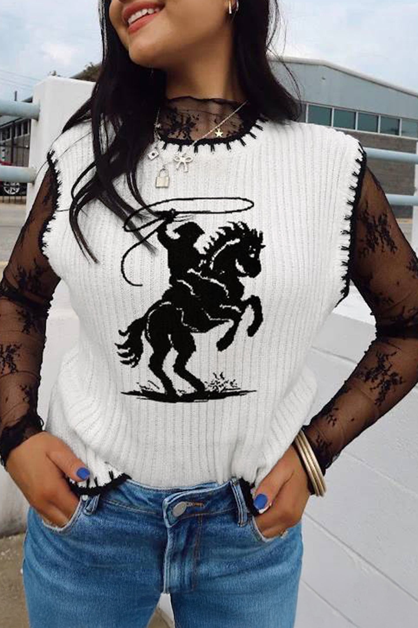 White Rodeo Cowboy Contrast Trim Sweater Vest