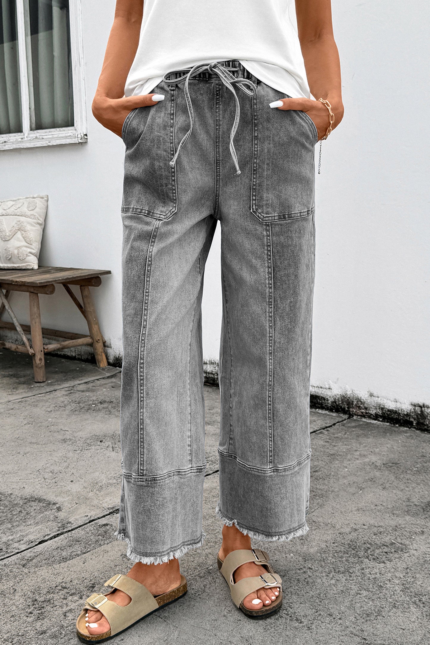 Drawstring Wide Leg Denim Pants in Blue and Gray