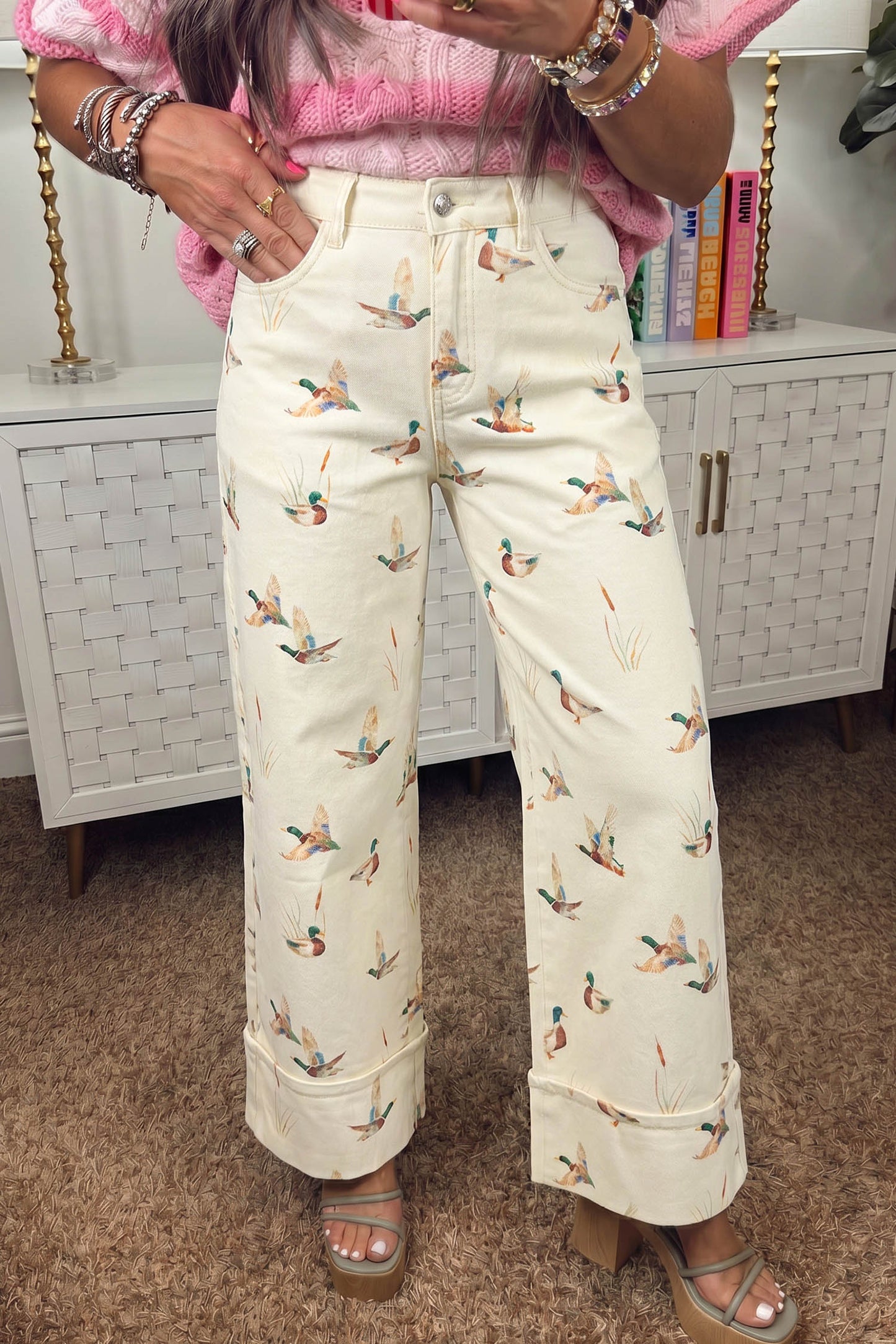 Beige Mallard Printed Cuffed Hem Jeans