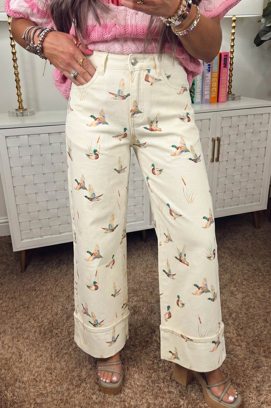 Beige Mallard Printed Cuffed Hem Jeans