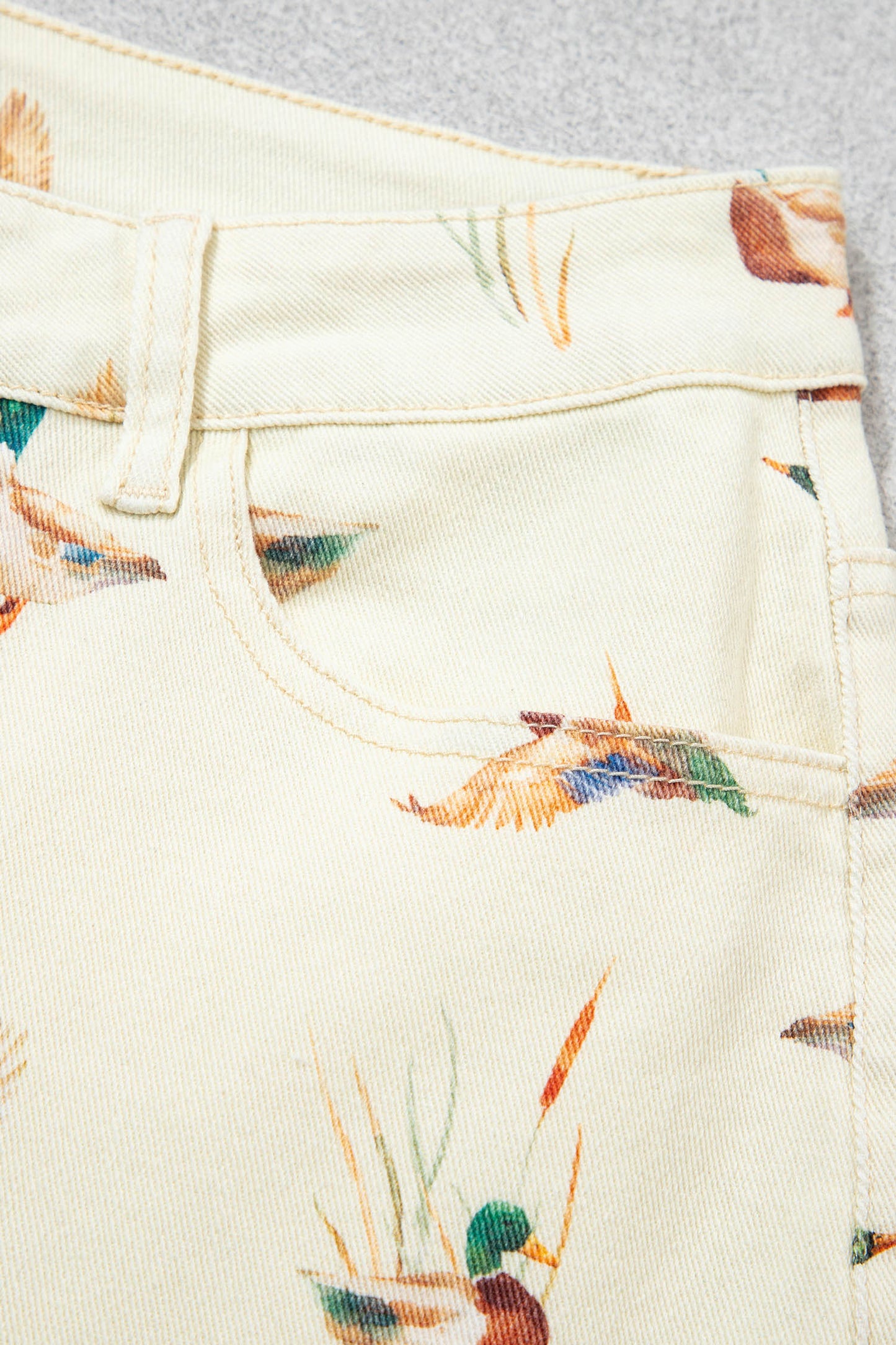 Beige Mallard Printed Cuffed Hem Jeans
