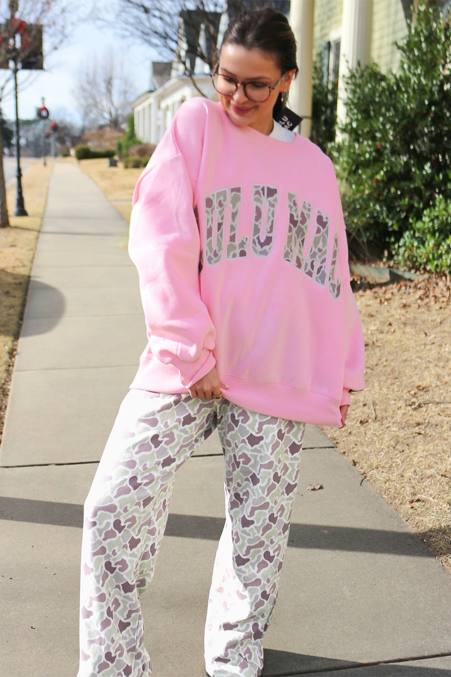 Green Camo Print Drawstring Loose Fit Full Length Pants
