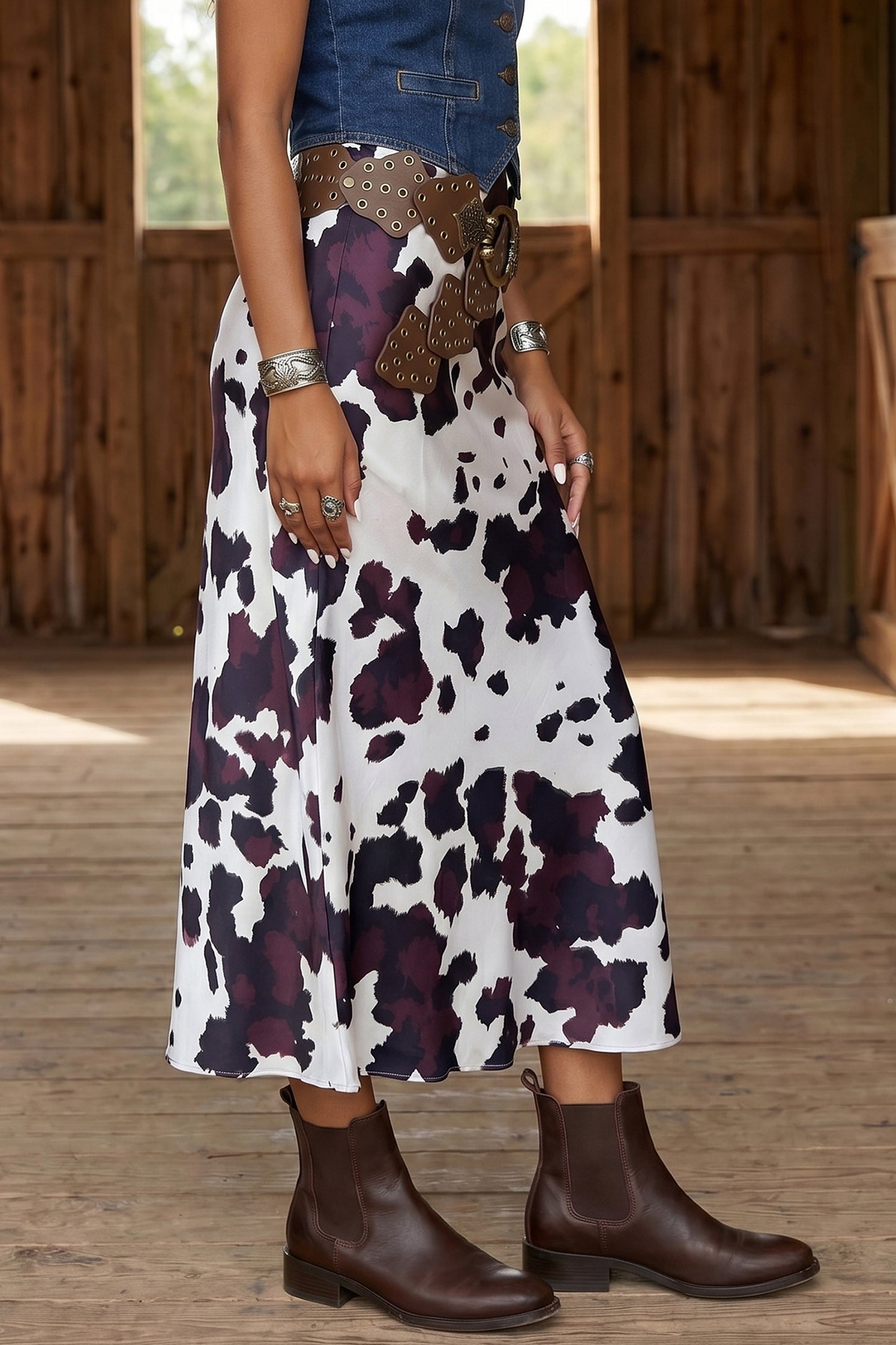Cow Print Zip-Up Midi Skirt