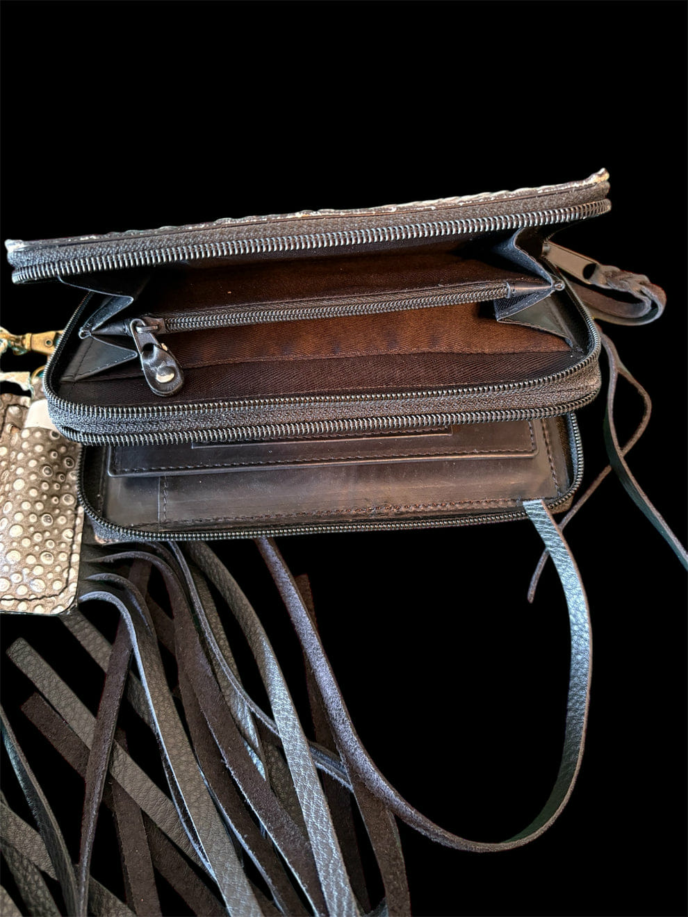 Zigrino Silver Clutch Wallet Set – Double-Zip Wallet with Fringe Lip Balm Holder & Turquoise Wrist Strap