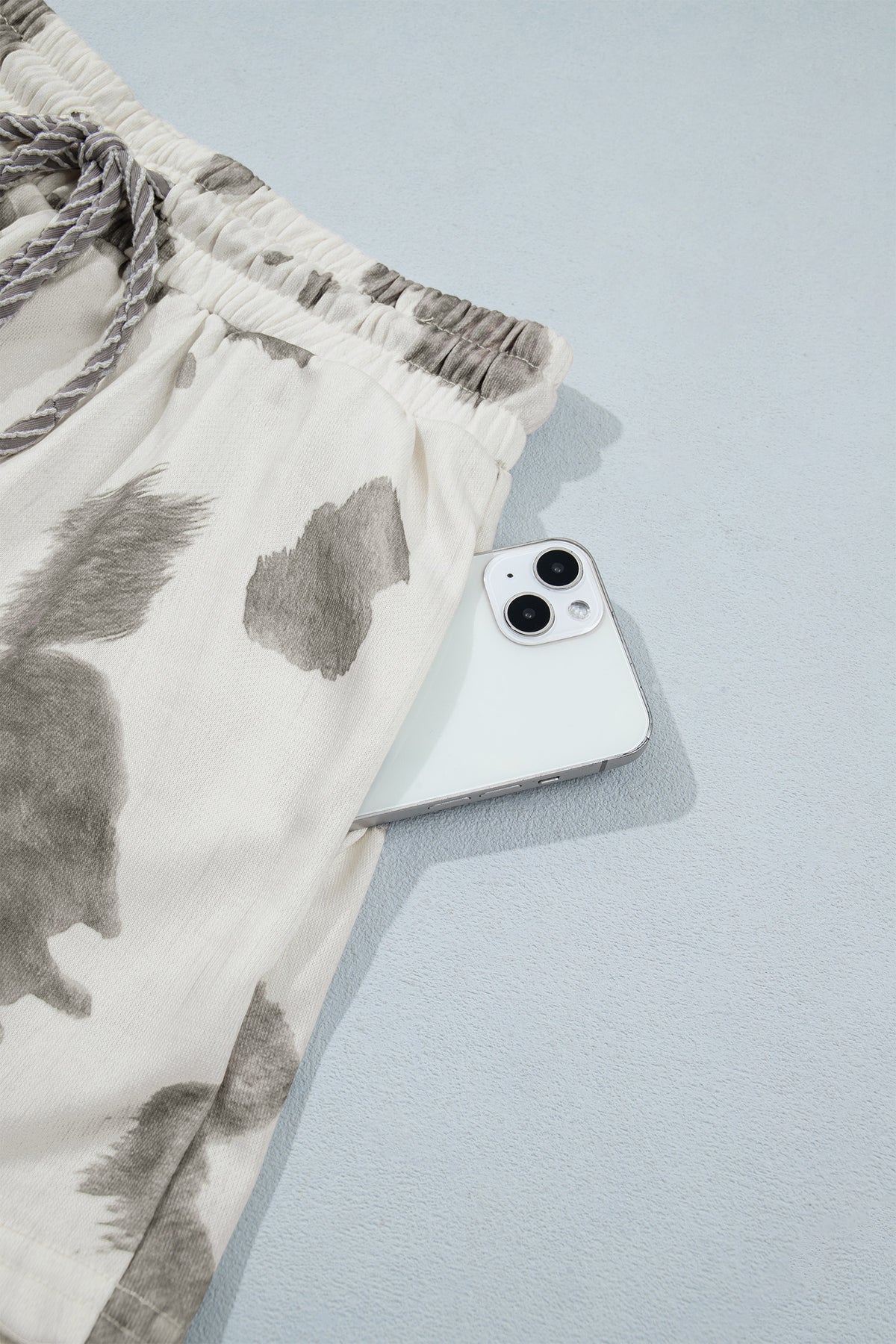 Gray Cow Print Western Raw Hem 2-Piece Shorts Set