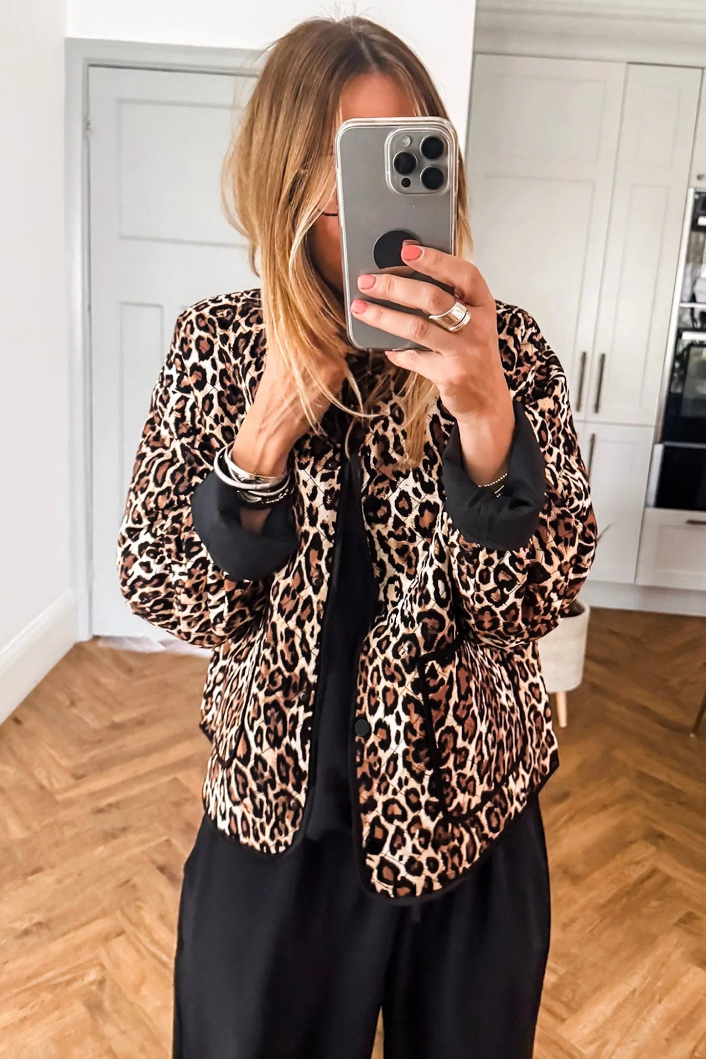 Brown Leopard Print Quilted Button Front Patch Pockets Jacket