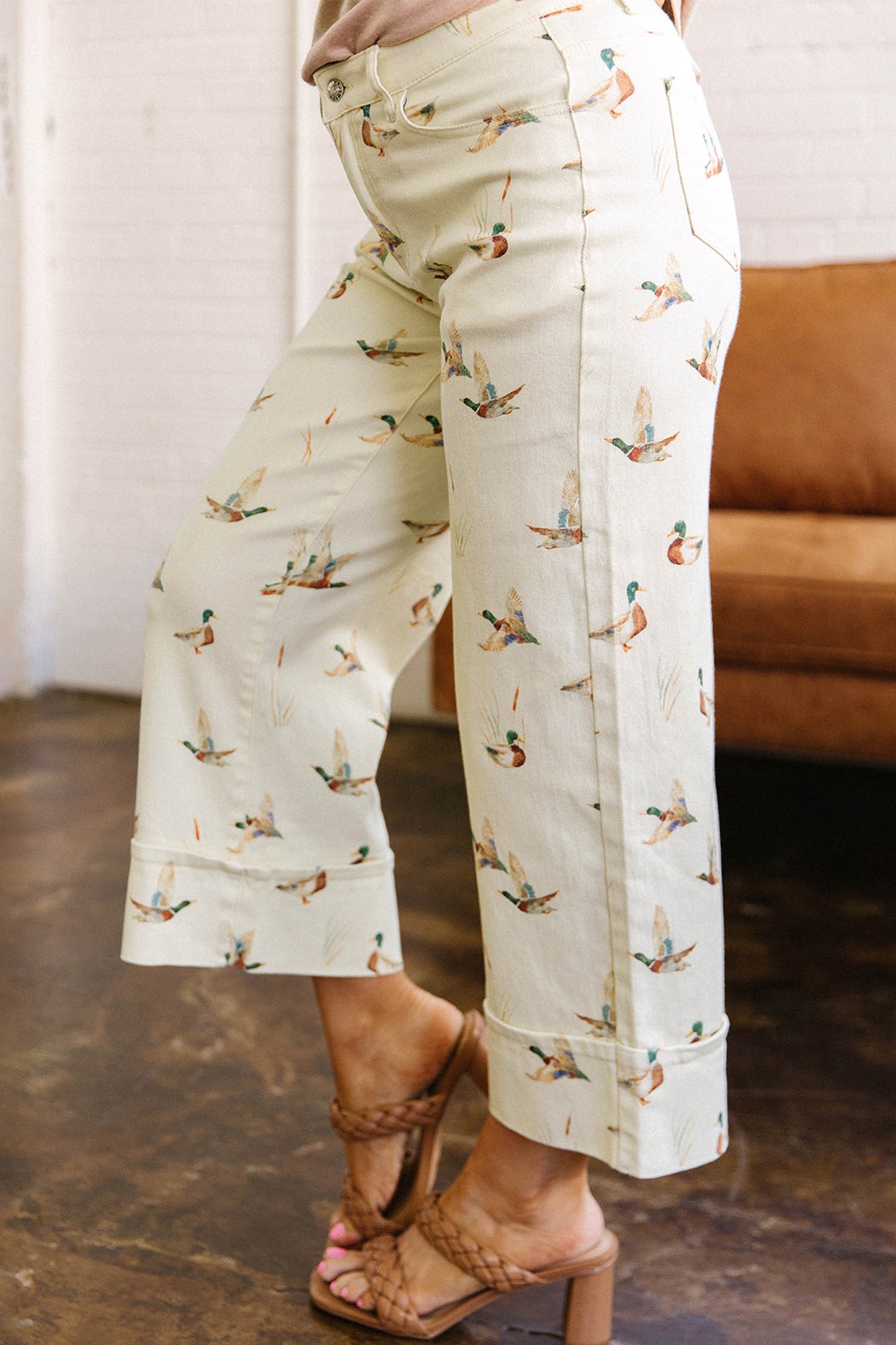 Beige Mallard Printed Cuffed Hem Jeans