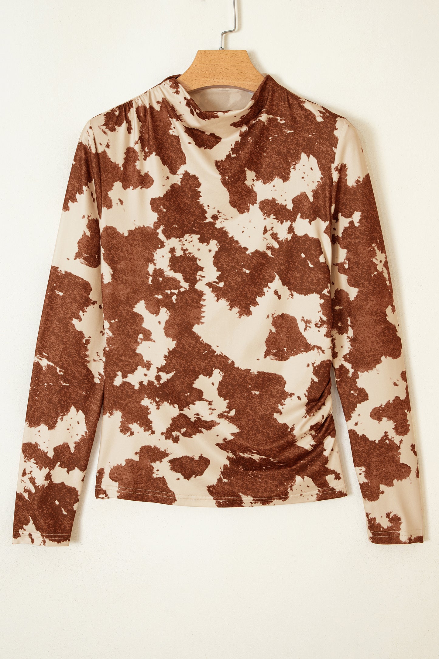 Brown Western Cow Print High Neck Long Sleeve Mesh Top