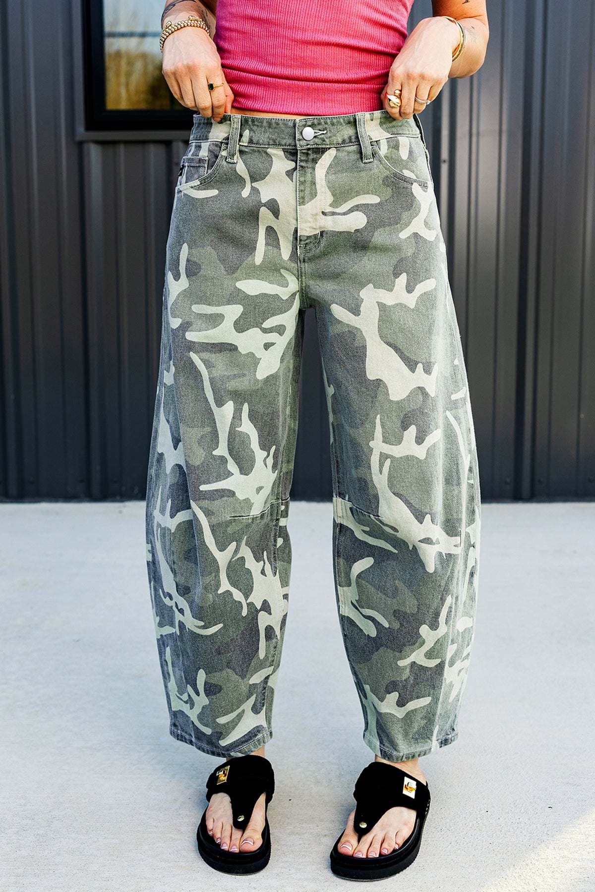 Green Camo Button Fly Straight Leg Ankle Jeans