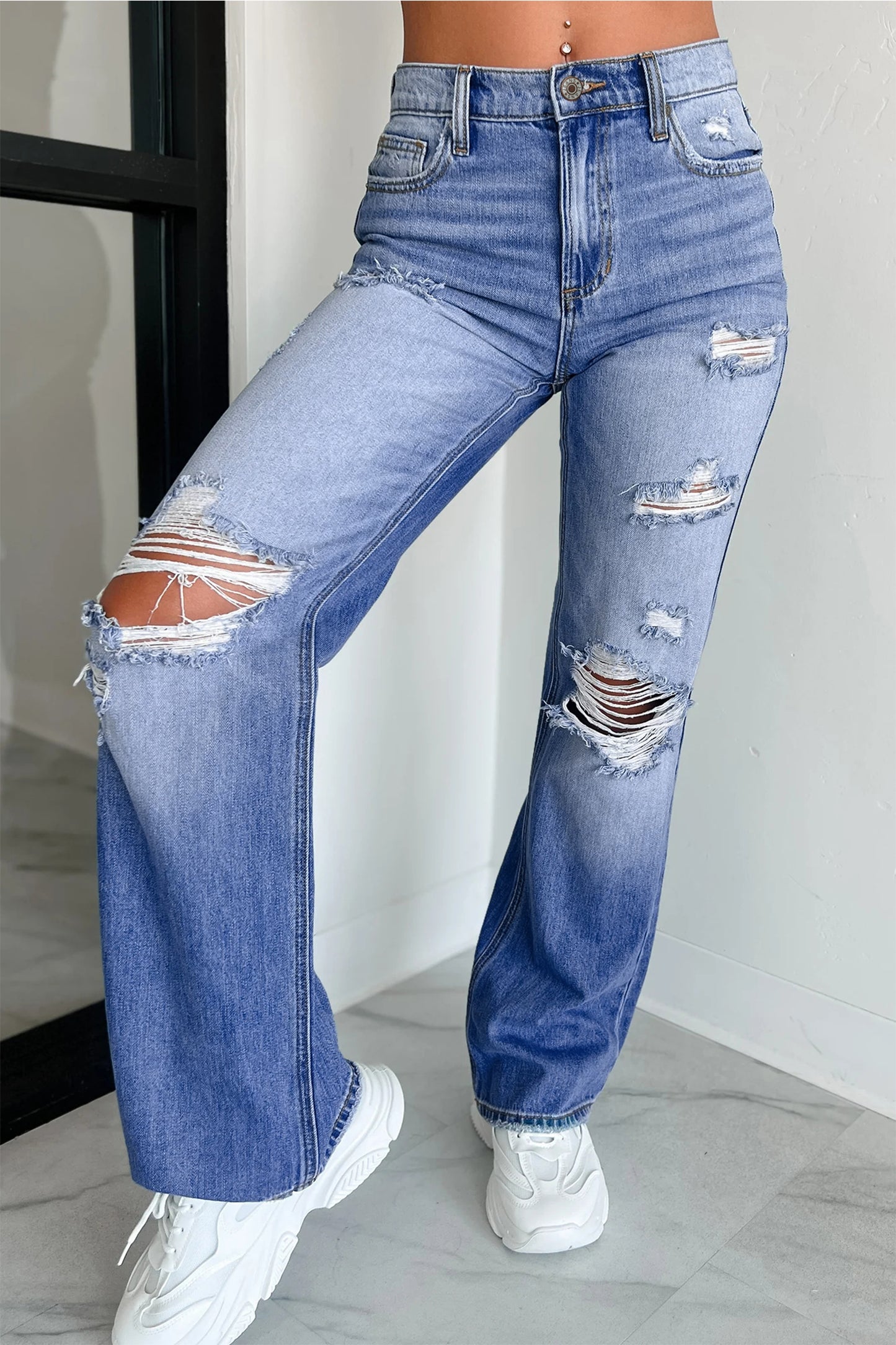 Myosotis Mid Rise Distressed Straight Leg Jeans