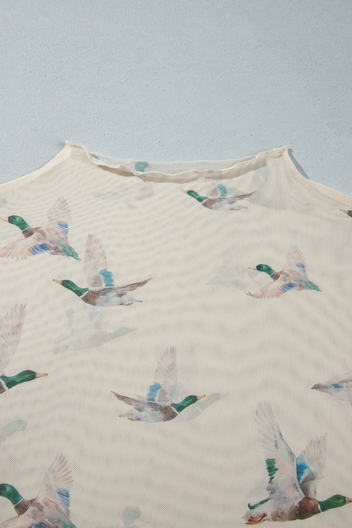 Beige Duck Print Mesh Long Sleeve Tunic Blouse 1X–4X