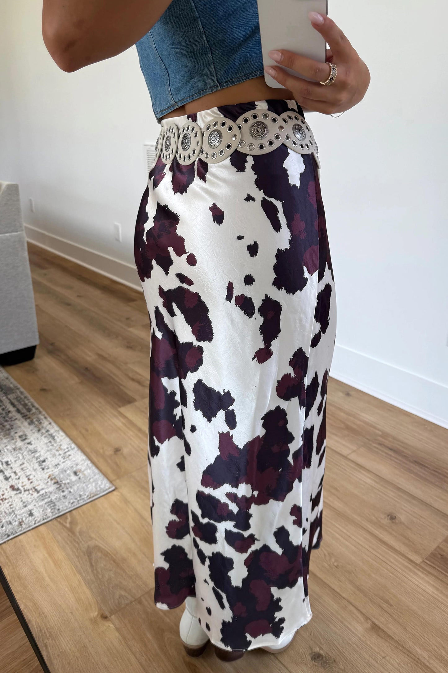 Cow Print Zip-Up Midi Skirt