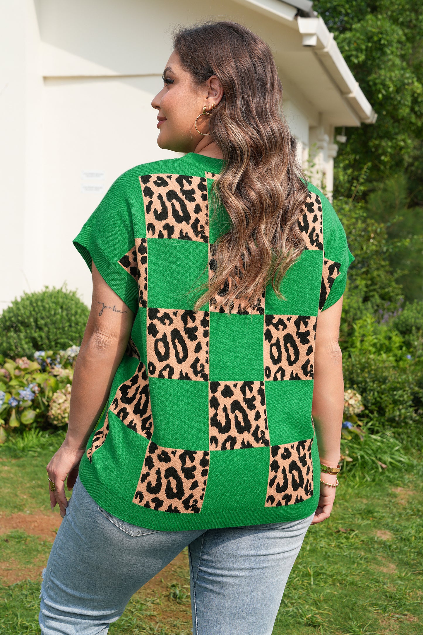 Red Plus Size Leopard Contrasted Checkered Short Sleeve Sweater