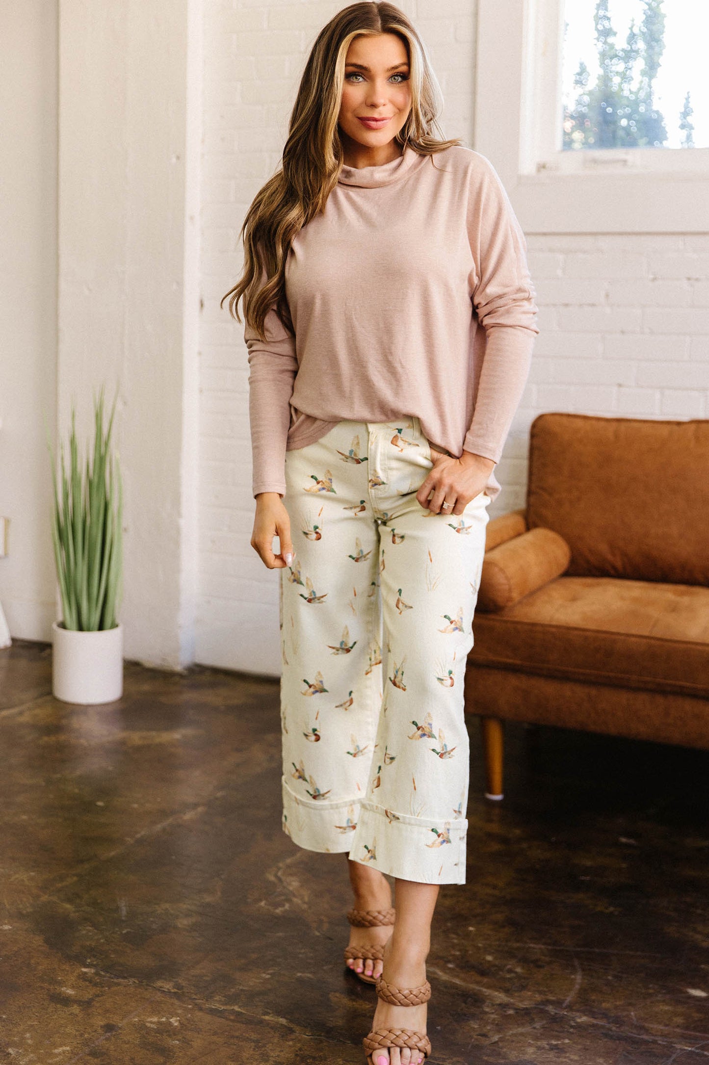 Beige Mallard Printed Cuffed Hem Jeans