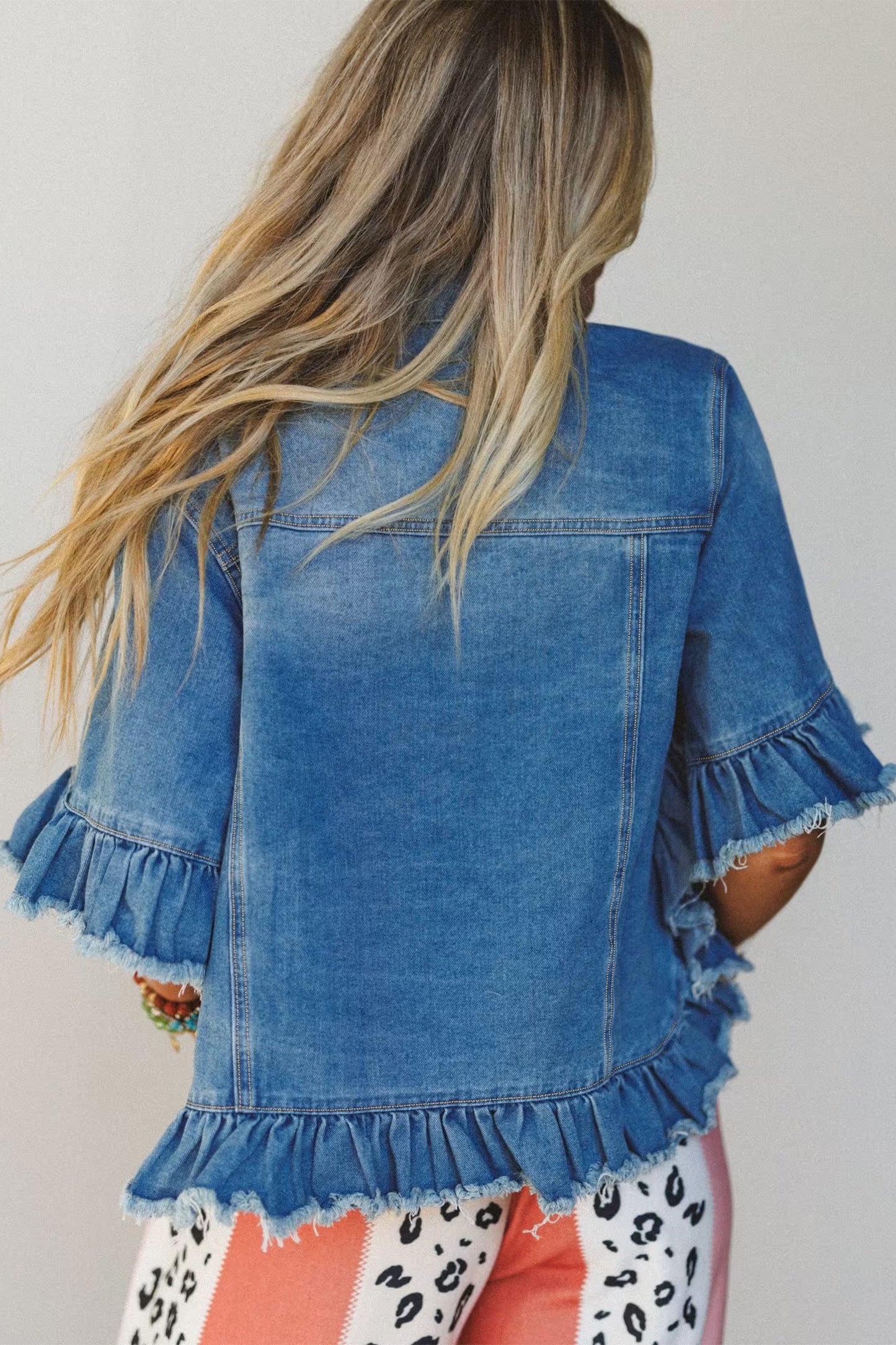 Blue Ruffle Sleeve Raw Edge Western Denim Jacket