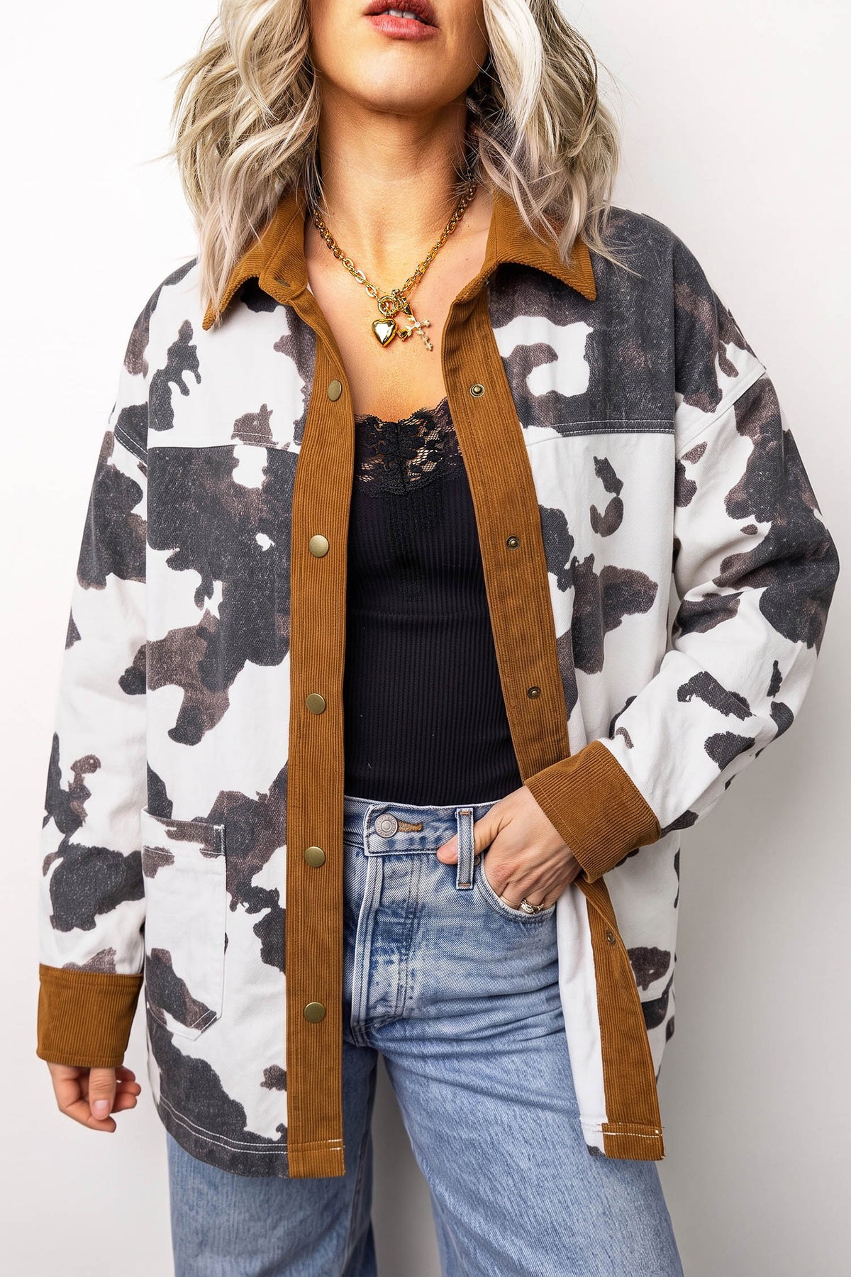 Western Cow Print Corduroy-Trim Denim Jacket