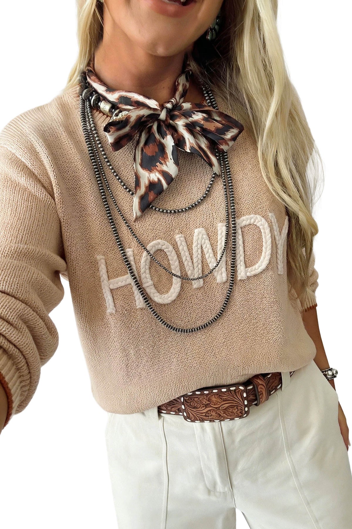HOWDY Rope Letter Relaxed Sweater