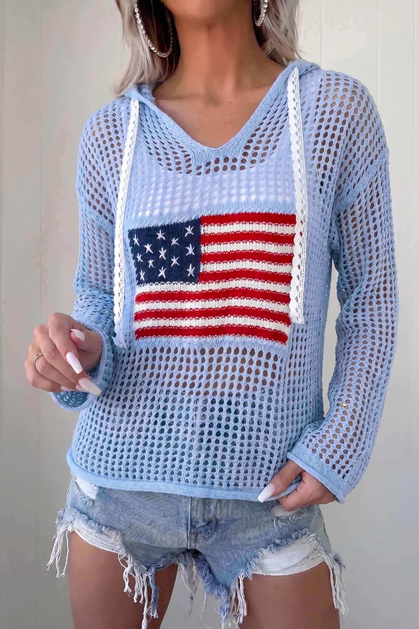 White Hollow Out Crochet Knit American Flag Patched Sweater Hoodie