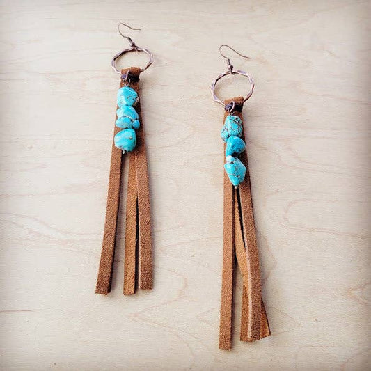 Leather Fringe Earrings with Turquoise Chunks