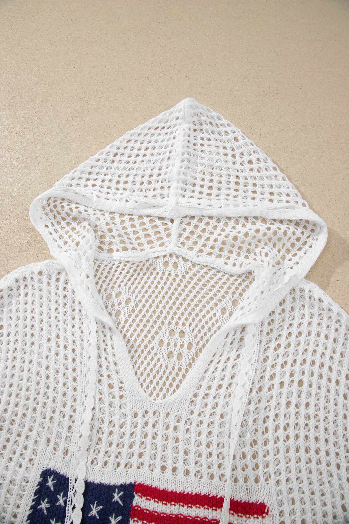 White Hollow Out Crochet Knit American Flag Patched Sweater Hoodie