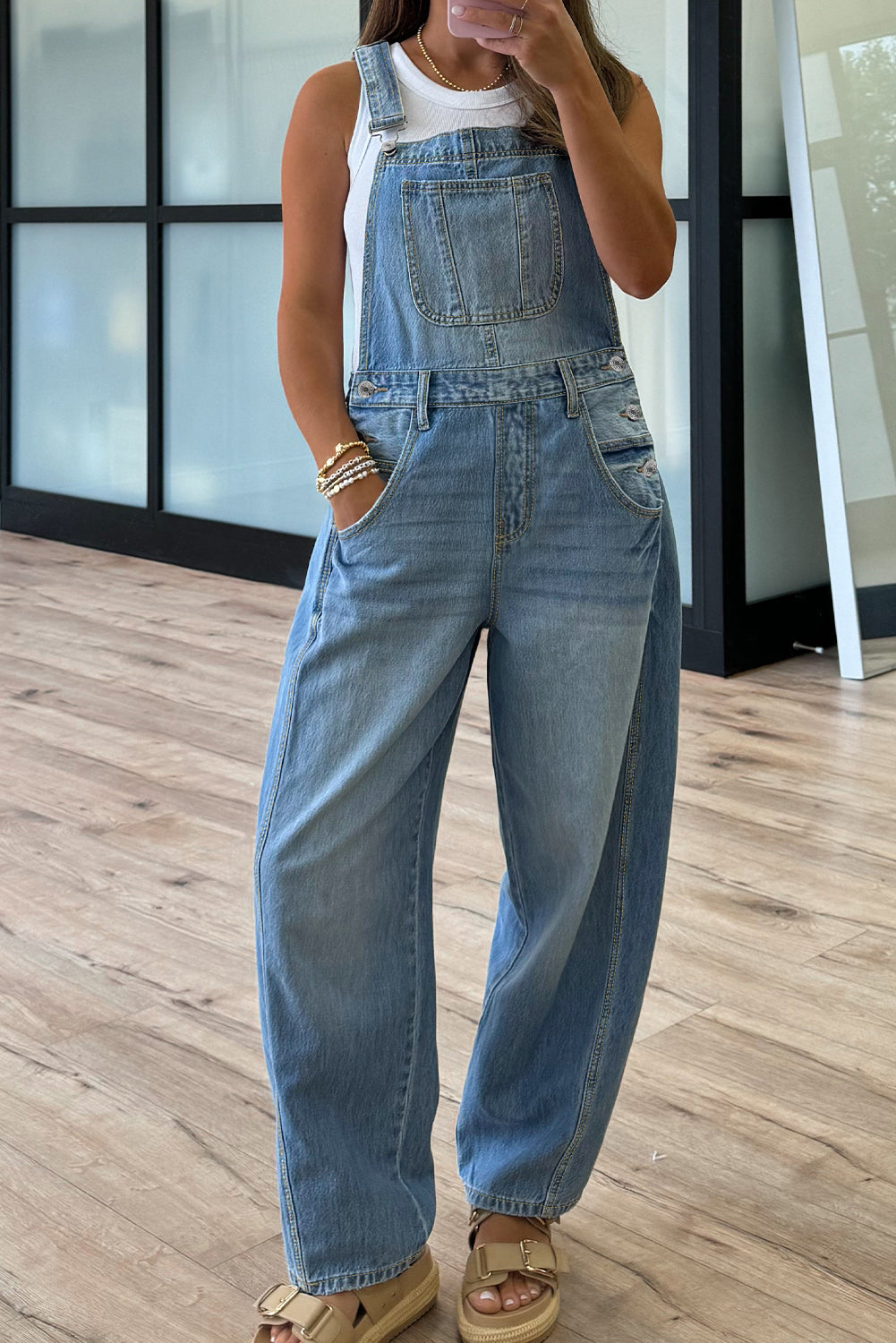 Adjustable Buckle Barrel Denim Overalls