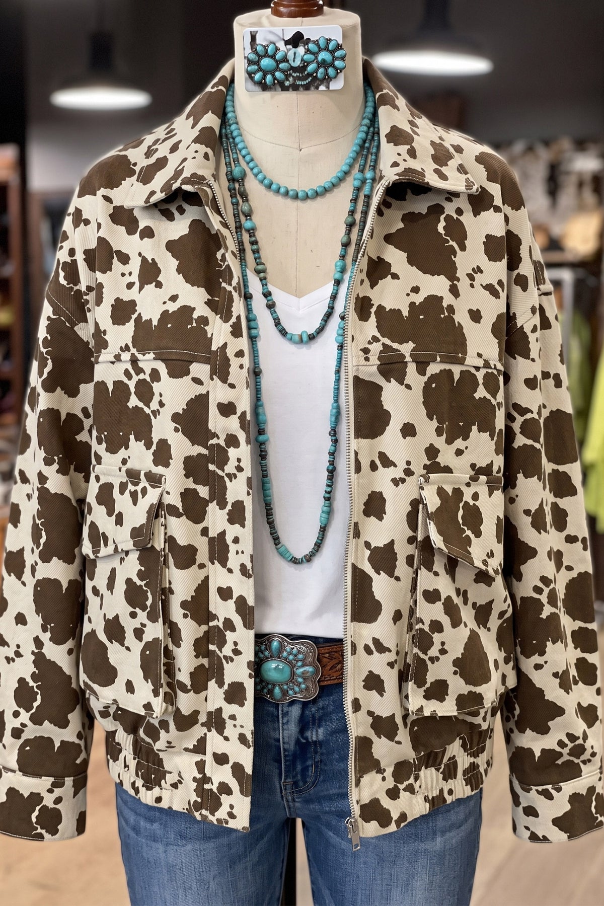 Brown Western Cow Print Cargo Pocket Denim Jacket