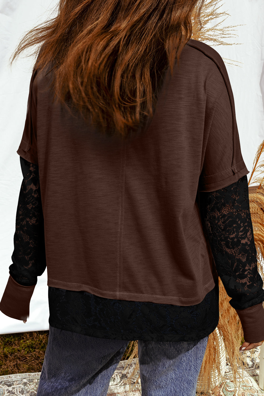 Sheer Lace Patchwork Long Sleeve Tee in Dark and Light Brown