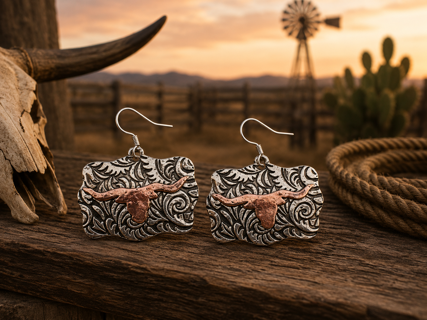 Western 2 Tone Steerhead Dangle Earring