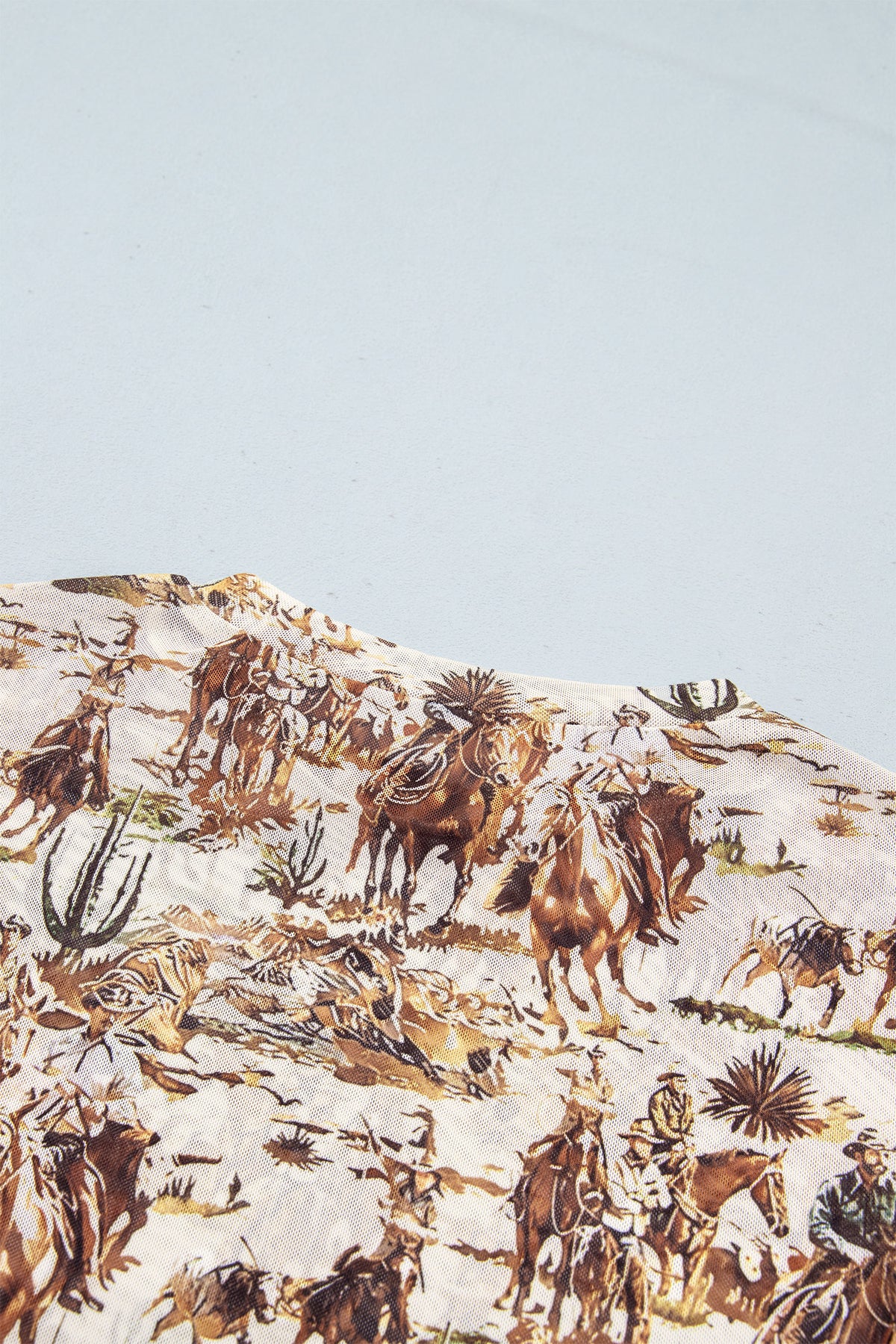 Brown or Beige  Western Cowboy & Floral Sheer Mesh Long Sleeve Top