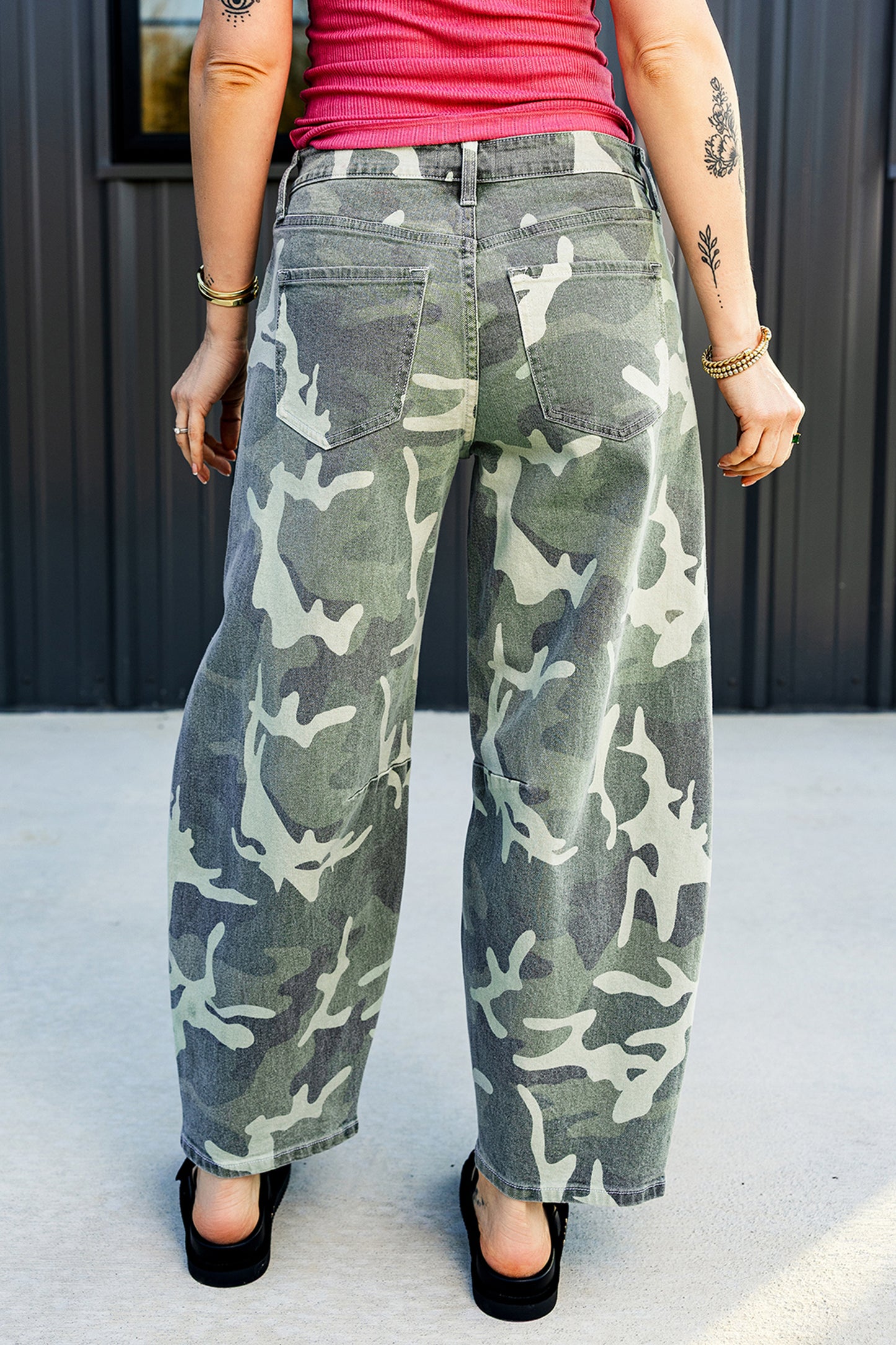 Green Camo Button Fly Straight Leg Ankle Jeans