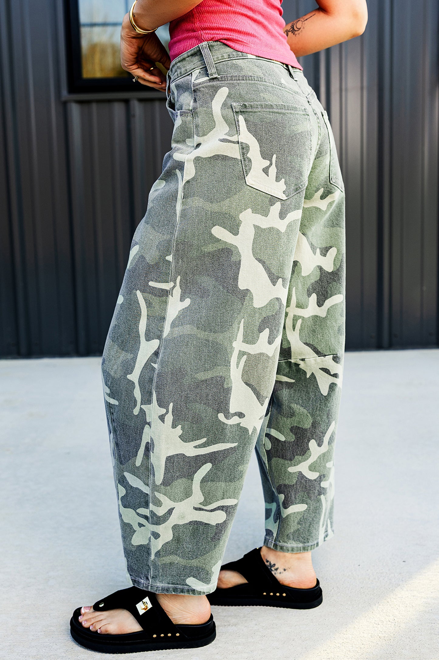 Green Camo Button Fly Straight Leg Ankle Jeans