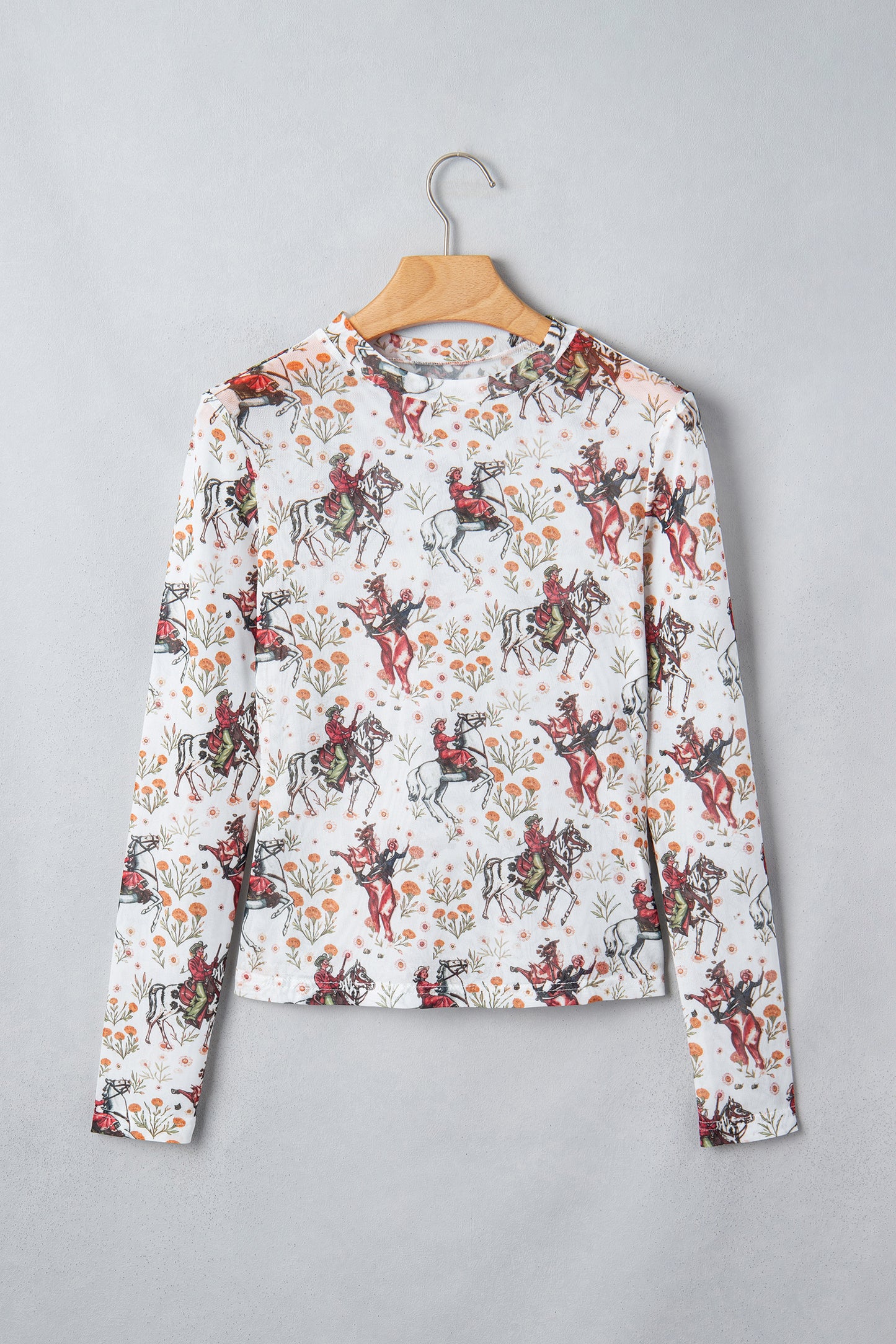 Brown or Beige  Western Cowboy & Floral Sheer Mesh Long Sleeve Top