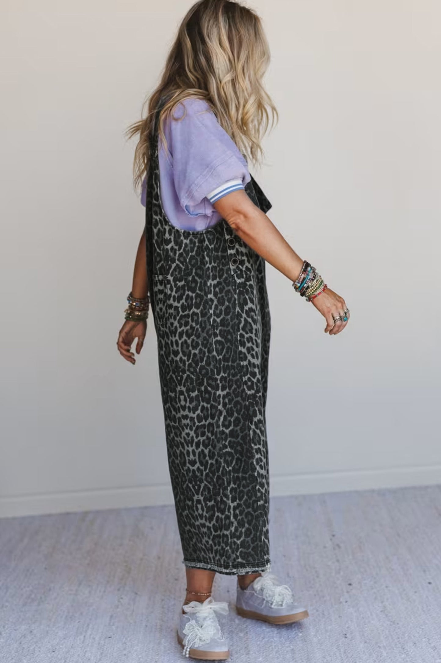 Leopard Print Cropped Denim Overalls